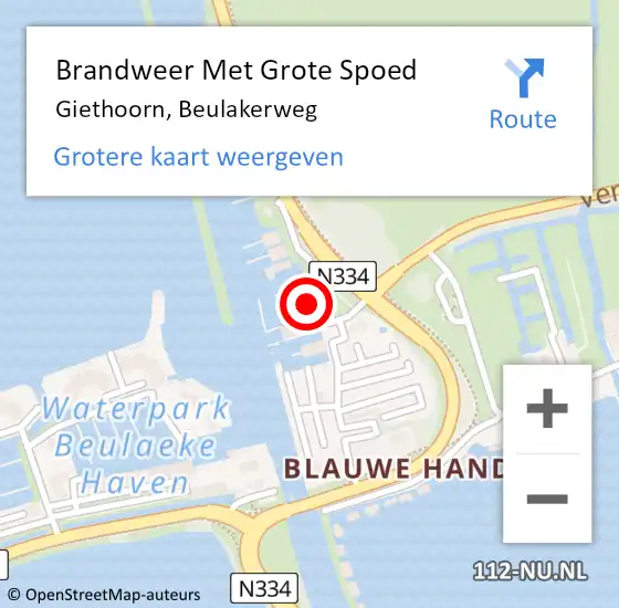 Locatie op kaart van de 112 melding: Brandweer Met Grote Spoed Naar Giethoorn, Beulakerweg op 3 september 2022 15:28