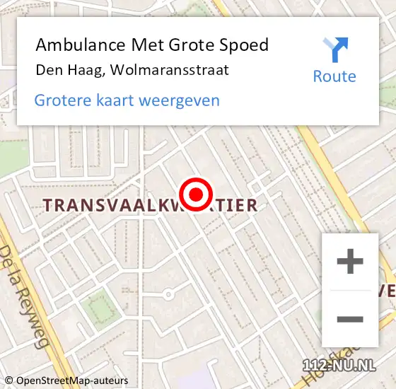 Locatie op kaart van de 112 melding: Ambulance Met Grote Spoed Naar Den Haag, Wolmaransstraat op 3 september 2022 19:11