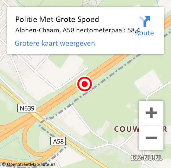 Locatie op kaart van de 112 melding: Politie Met Grote Spoed Naar Alphen-Chaam, A58 hectometerpaal: 58,4 op 4 september 2022 01:10