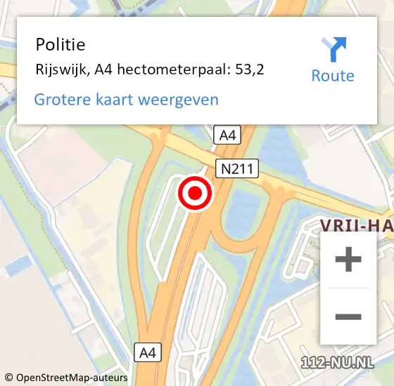 Locatie op kaart van de 112 melding: Politie Rijswijk, A4 hectometerpaal: 53,2 op 4 september 2022 05:11