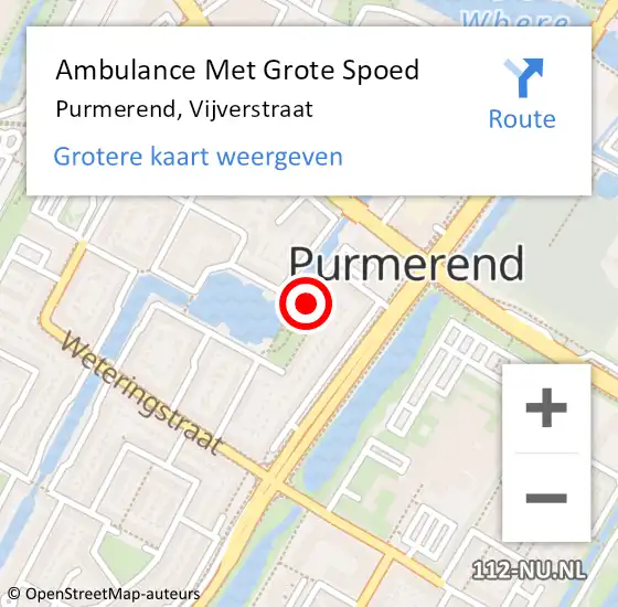 Locatie op kaart van de 112 melding: Ambulance Met Grote Spoed Naar Purmerend, Vijverstraat op 4 september 2022 08:30