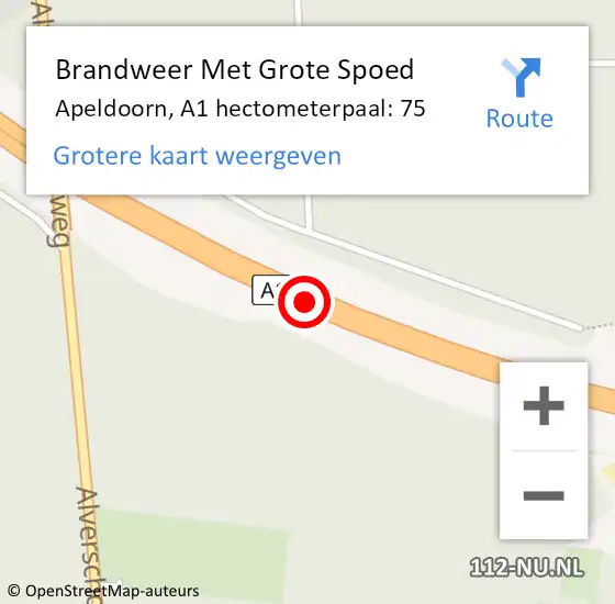 Locatie op kaart van de 112 melding: Brandweer Met Grote Spoed Naar Apeldoorn, A1 hectometerpaal: 75 op 4 september 2022 11:59