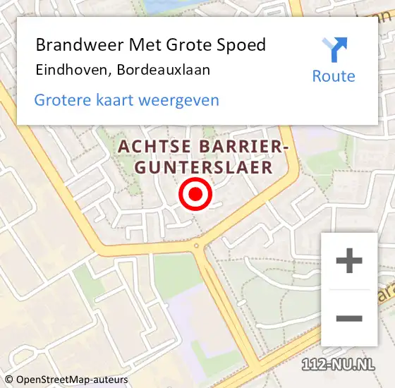 Locatie op kaart van de 112 melding: Brandweer Met Grote Spoed Naar Eindhoven, Bordeauxlaan op 4 september 2022 17:57