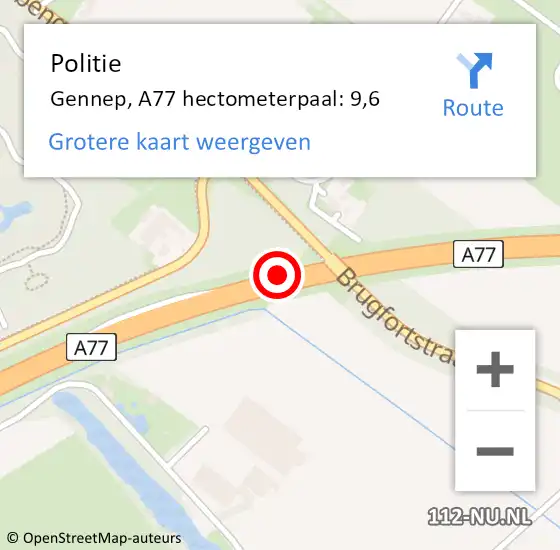 Locatie op kaart van de 112 melding: Politie Gennep, A77 hectometerpaal: 9,6 op 5 september 2022 07:48