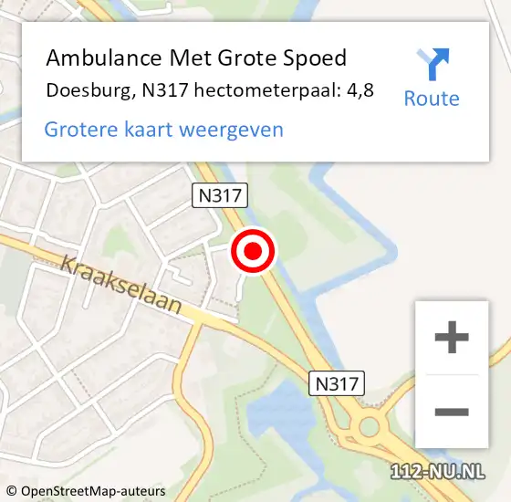 Locatie op kaart van de 112 melding: Ambulance Met Grote Spoed Naar Doesburg, N317 hectometerpaal: 4,8 op 5 september 2022 09:10