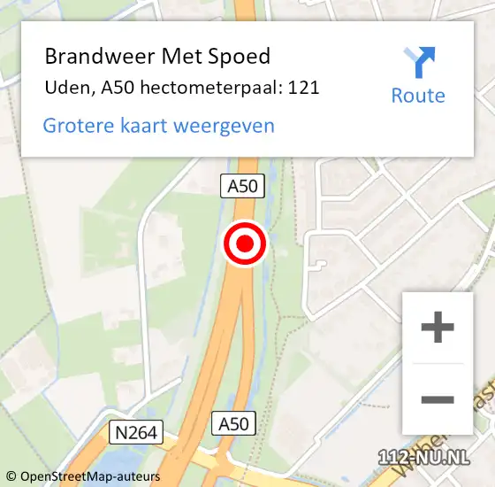 Locatie op kaart van de 112 melding: Brandweer Met Spoed Naar Uden, A50 hectometerpaal: 121 op 5 september 2022 10:28