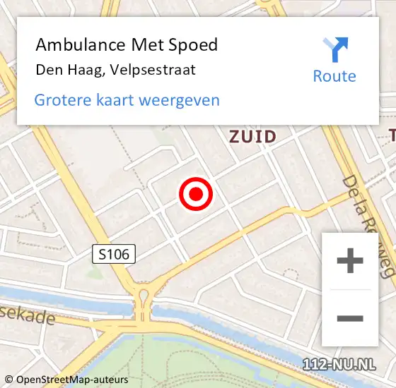 Locatie op kaart van de 112 melding: Ambulance Met Spoed Naar Den Haag, Velpsestraat op 5 september 2022 12:09