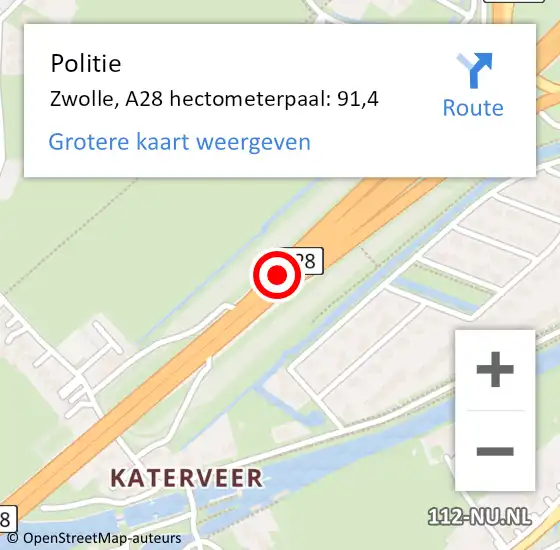 Locatie op kaart van de 112 melding: Politie Zwolle, A28 hectometerpaal: 91,4 op 5 september 2022 12:48