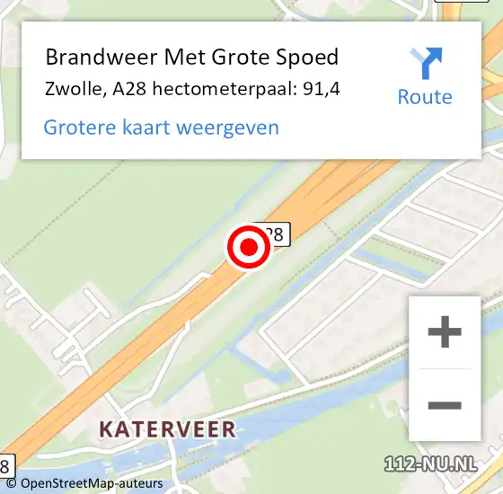 Locatie op kaart van de 112 melding: Brandweer Met Grote Spoed Naar Zwolle, A28 hectometerpaal: 91,4 op 5 september 2022 12:50