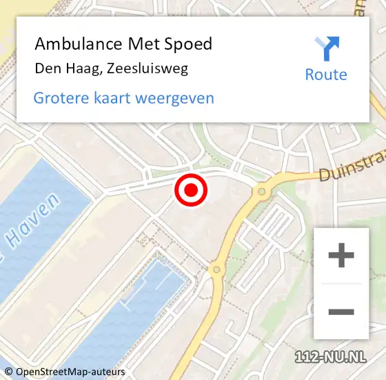 Locatie op kaart van de 112 melding: Ambulance Met Spoed Naar Den Haag, Zeesluisweg op 5 september 2022 13:44