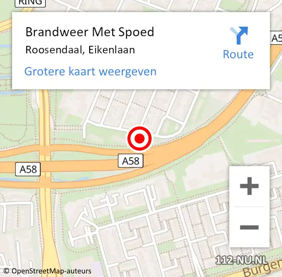 Locatie op kaart van de 112 melding: Brandweer Met Spoed Naar Roosendaal, Eikenlaan op 5 september 2022 16:34