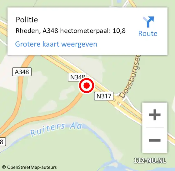 Locatie op kaart van de 112 melding: Politie Rheden, A348 hectometerpaal: 10,8 op 5 september 2022 16:51