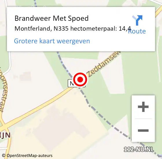 Locatie op kaart van de 112 melding: Brandweer Met Spoed Naar Montferland, N335 hectometerpaal: 14,4 op 5 september 2022 17:04