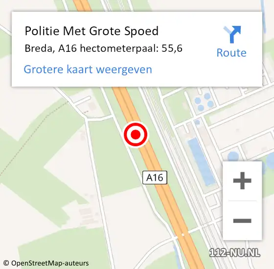 Locatie op kaart van de 112 melding: Politie Met Grote Spoed Naar Breda, A16 hectometerpaal: 55,6 op 5 september 2022 21:41