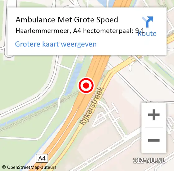 Locatie op kaart van de 112 melding: Ambulance Met Grote Spoed Naar Haarlemmermeer, A4 hectometerpaal: 9,1 op 6 september 2022 06:26