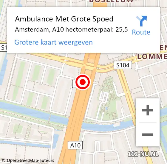 Locatie op kaart van de 112 melding: Ambulance Met Grote Spoed Naar Amsterdam, A10 hectometerpaal: 25,5 op 6 september 2022 09:03