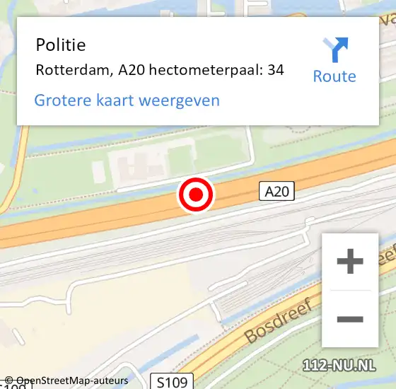 Locatie op kaart van de 112 melding: Politie Rotterdam, A20 hectometerpaal: 34 op 6 september 2022 15:34