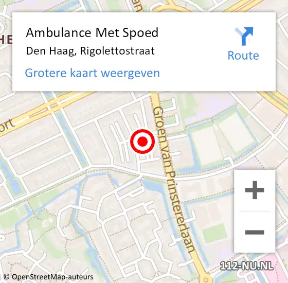 Locatie op kaart van de 112 melding: Ambulance Met Spoed Naar Den Haag, Rigolettostraat op 6 september 2022 17:07