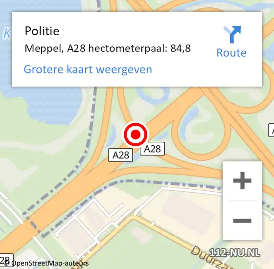 Locatie op kaart van de 112 melding: Politie Meppel, A28 hectometerpaal: 84,8 op 6 september 2022 18:07