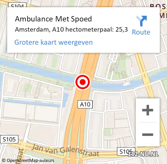 Locatie op kaart van de 112 melding: Ambulance Met Spoed Naar Amsterdam, A10 hectometerpaal: 25,3 op 6 september 2022 18:22
