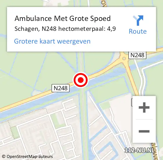 Locatie op kaart van de 112 melding: Ambulance Met Grote Spoed Naar Schagen, N248 hectometerpaal: 4,9 op 6 september 2022 22:51