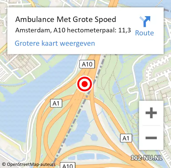 Locatie op kaart van de 112 melding: Ambulance Met Grote Spoed Naar Amsterdam, A10 hectometerpaal: 11,3 op 6 september 2022 23:24