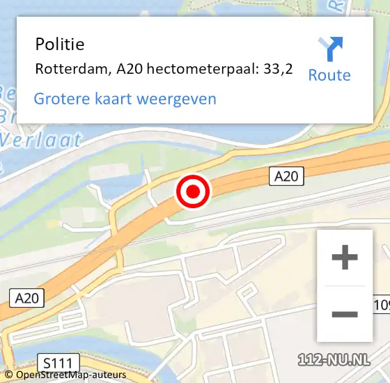 Locatie op kaart van de 112 melding: Politie Rotterdam, A20 hectometerpaal: 33,2 op 7 september 2022 02:21