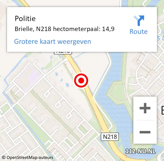 Locatie op kaart van de 112 melding: Politie Brielle, N218 hectometerpaal: 14,9 op 7 september 2022 05:55