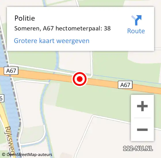 Locatie op kaart van de 112 melding: Politie Someren, A67 hectometerpaal: 38 op 7 september 2022 08:26
