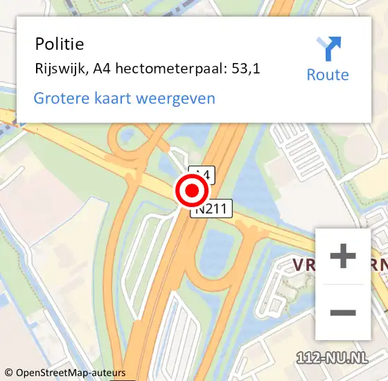 Locatie op kaart van de 112 melding: Politie Rijswijk, A4 hectometerpaal: 53,1 op 7 september 2022 11:14