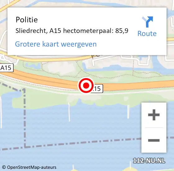 Locatie op kaart van de 112 melding: Politie Hardinxveld-Giessendam, A15 hectometerpaal: 85,9 op 7 september 2022 15:45