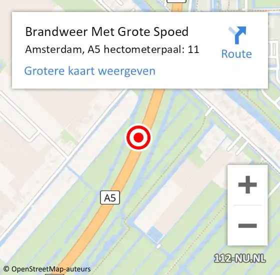 Locatie op kaart van de 112 melding: Brandweer Met Grote Spoed Naar Amsterdam, A5 hectometerpaal: 11 op 7 september 2022 16:33