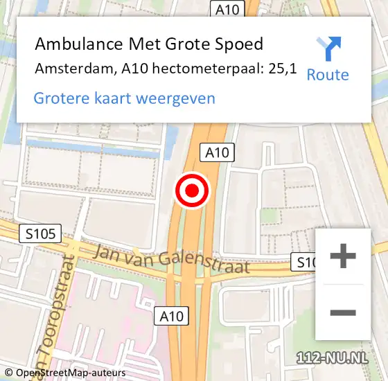 Locatie op kaart van de 112 melding: Ambulance Met Grote Spoed Naar Amsterdam, A10 hectometerpaal: 25,1 op 7 september 2022 16:59