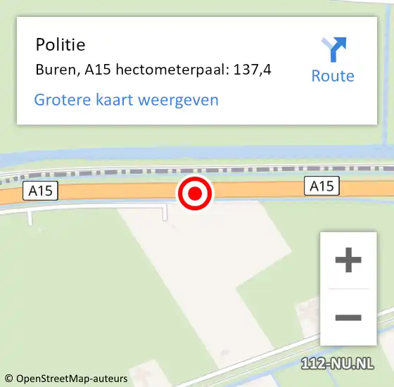 Locatie op kaart van de 112 melding: Politie Buren, A15 hectometerpaal: 137,4 op 7 september 2022 17:30