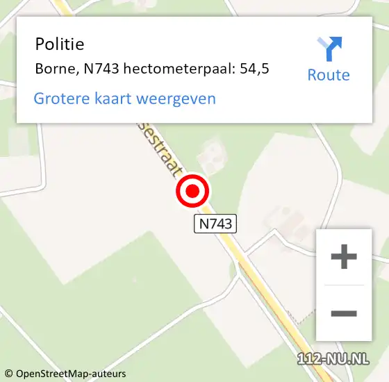 Locatie op kaart van de 112 melding: Politie Borne, N743 hectometerpaal: 54,5 op 7 september 2022 17:39