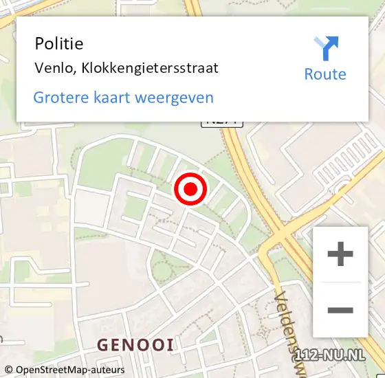 Locatie op kaart van de 112 melding: Politie Venlo, Klokkengietersstraat op 7 september 2022 22:23