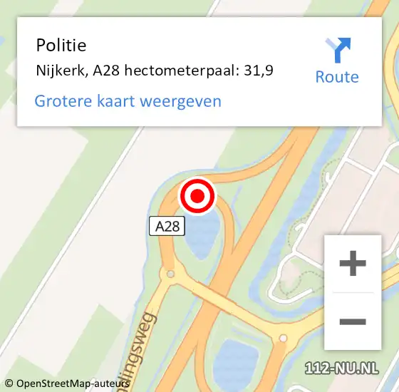 Locatie op kaart van de 112 melding: Politie Nijkerk, A28 hectometerpaal: 31,9 op 8 september 2022 08:51