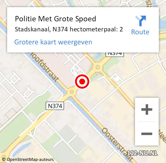 Locatie op kaart van de 112 melding: Politie Met Grote Spoed Naar Stadskanaal, N374 hectometerpaal: 2 op 8 september 2022 14:27