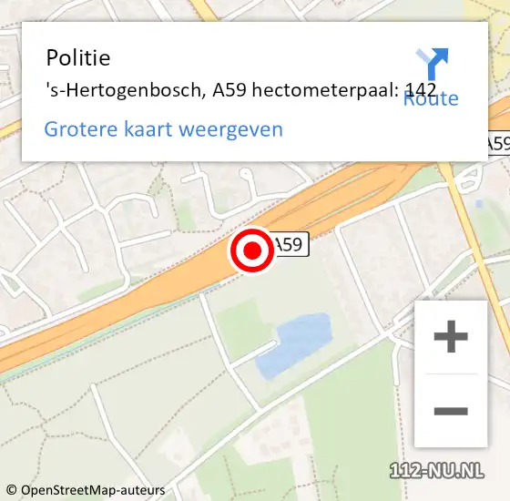 Locatie op kaart van de 112 melding: Politie 's-Hertogenbosch, A59 hectometerpaal: 142 op 8 september 2022 15:46