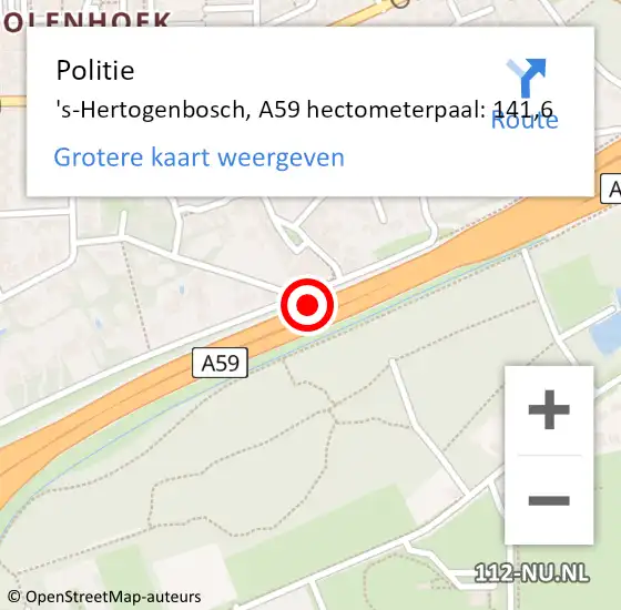 Locatie op kaart van de 112 melding: Politie 's-Hertogenbosch, A59 hectometerpaal: 141,6 op 8 september 2022 15:48