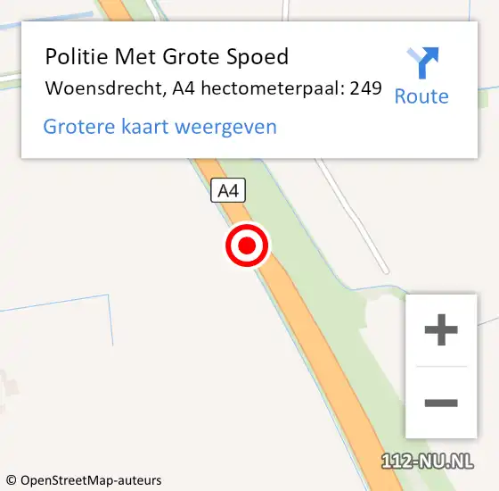 Locatie op kaart van de 112 melding: Politie Met Grote Spoed Naar Woensdrecht, A4 hectometerpaal: 249 op 8 september 2022 16:20