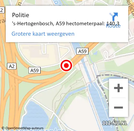 Locatie op kaart van de 112 melding: Politie 's-Hertogenbosch, A59 hectometerpaal: 140,3 op 8 september 2022 20:25