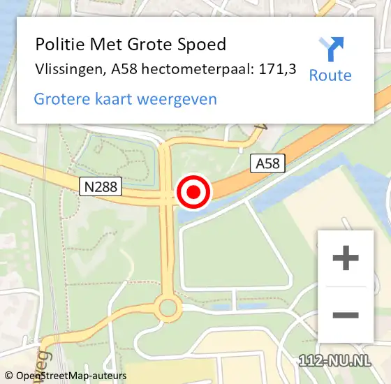 Locatie op kaart van de 112 melding: Politie Met Grote Spoed Naar Vlissingen, A58 hectometerpaal: 171,3 op 9 september 2022 01:36