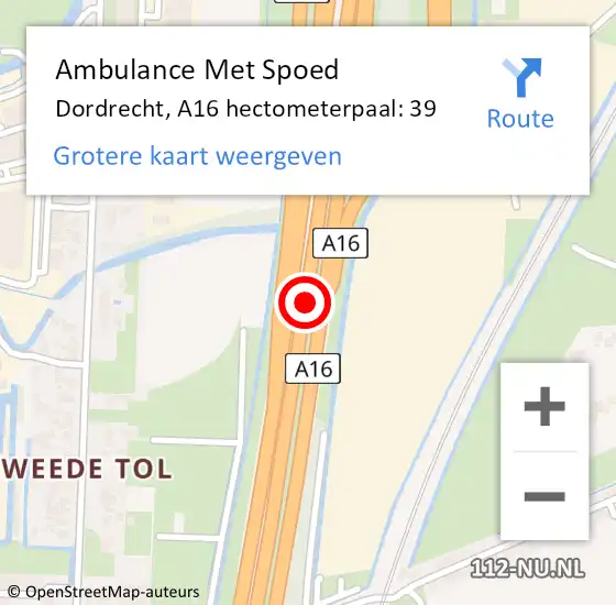 Locatie op kaart van de 112 melding: Ambulance Met Spoed Naar Dordrecht, A16 hectometerpaal: 39 op 9 september 2022 12:40