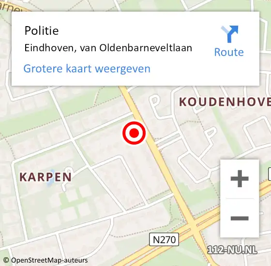 Locatie op kaart van de 112 melding: Politie Eindhoven, van Oldenbarneveltlaan op 9 september 2022 17:36