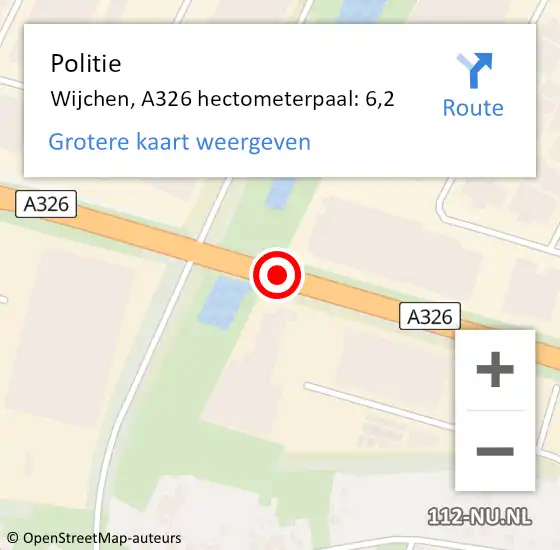 Locatie op kaart van de 112 melding: Politie Wijchen, A326 hectometerpaal: 6,2 op 9 september 2022 19:02