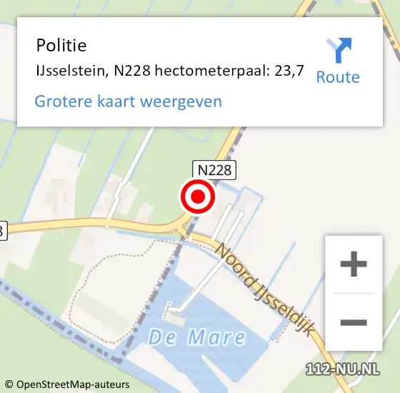 Locatie op kaart van de 112 melding: Politie IJsselstein, N228 hectometerpaal: 23,7 op 9 september 2022 20:10