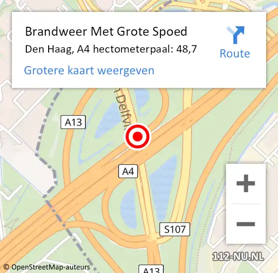 Locatie op kaart van de 112 melding: Brandweer Met Grote Spoed Naar Den Haag, A4 hectometerpaal: 48,7 op 9 september 2022 23:27