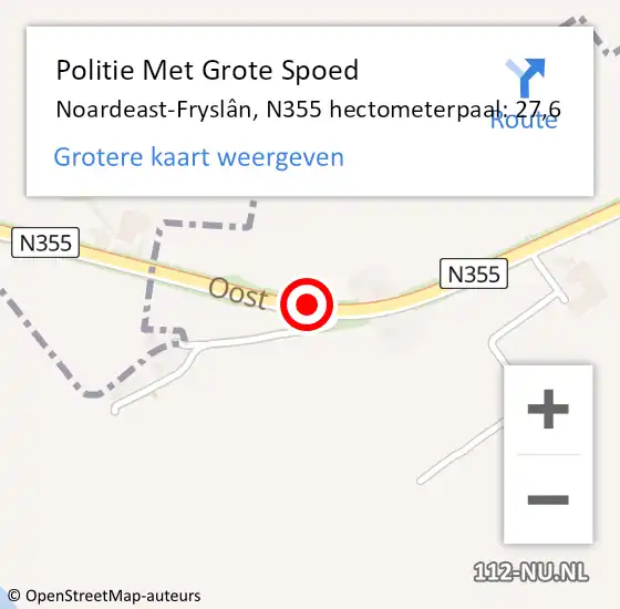 Locatie op kaart van de 112 melding: Politie Met Grote Spoed Naar Noardeast-Fryslân, N355 hectometerpaal: 27,6 op 9 september 2022 23:52