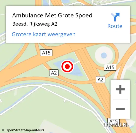 Locatie op kaart van de 112 melding: Ambulance Met Grote Spoed Naar Beesd, Rijksweg A2 op 10 september 2022 00:25